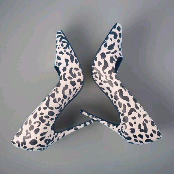 Womens Pumps Sz 7 Black White Animal Print Slip On Slim Heel Liliana - Picture 3 of 12